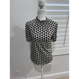 Faith & Joy Geometric Ruffled Top – Blue & Black – Women’s Size S